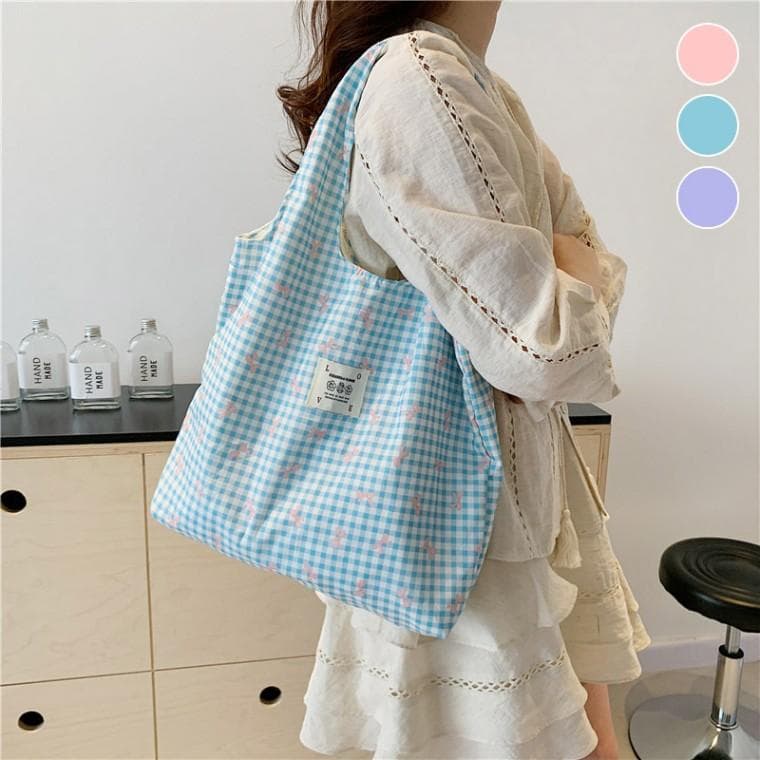 귀여운 체크 리본 숄더백 면가방 러블리 패브릭 가방