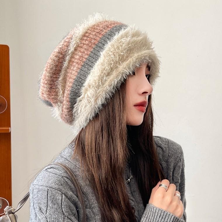 여성 러블리 스트라이프 반짝 퍼 벙거지 모자