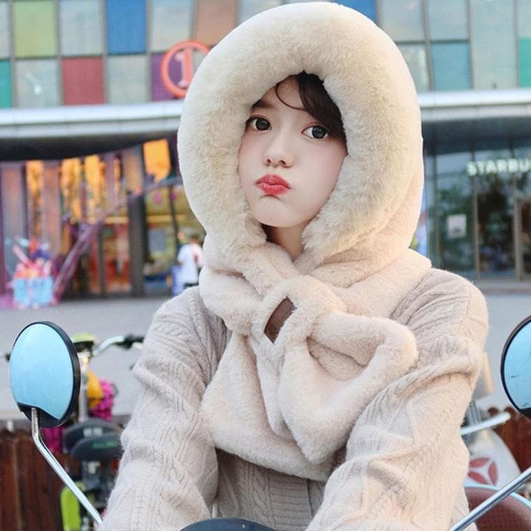 겨울 방한 퍼 일체형 목도리 모자 워머