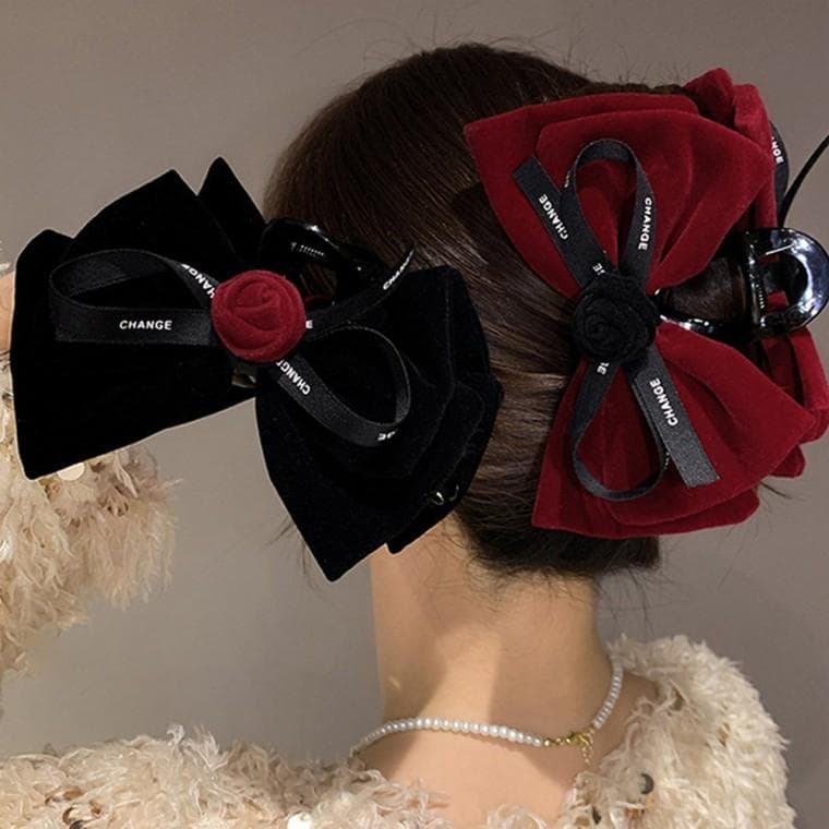 장미 벨벳 리본 빅사이즈 집게핀 데일리