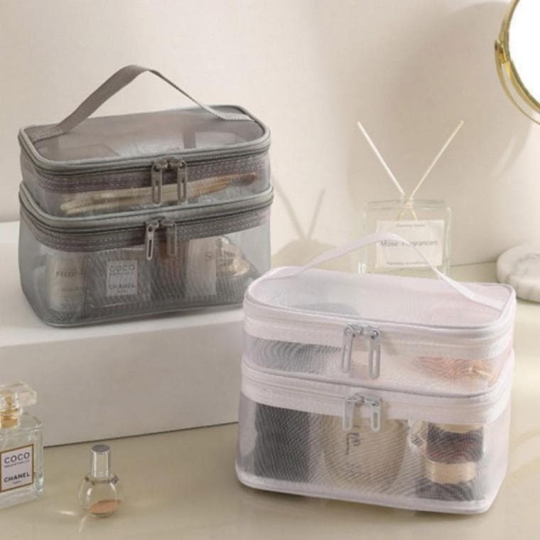 분리파우치 2단 메쉬 파우치 건습 가능 분리 화장품 여행용 투명 목욕탕 다용도 가방