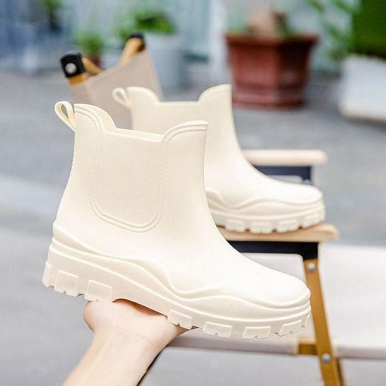 여성 숏 레인 앵클 방수 장마 부츠 블랙 아이보리